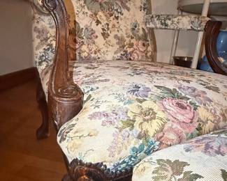 Vintage Floral Upholstered Bergere Armchair and Ottoman Set