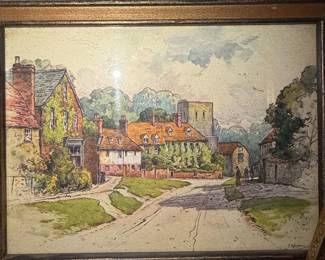 Vintage F. Robson Watercolor Print of English Village Scene
