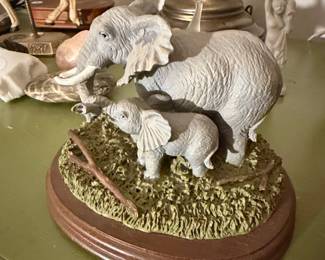 Vintage Mother and Baby Elephant Figurine on Wood Base