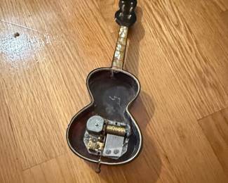Vintage Napoli Italy Wooden Guitar Music Box with Mother-of-Pearl Inlay