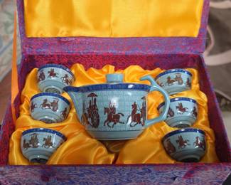 Vintage Chinese Porcelain Tea Set with Horse and Carriage Motif