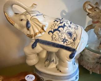 Vintage Blue and White Porcelain Elephant Figurine with Gold Accents
