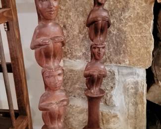 Vintage Hand-Carved Wooden Water Dipper Ladle with Figures