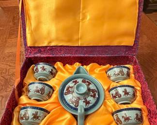 Vintage Chinese Porcelain Horseman Tea Set in Silk Box