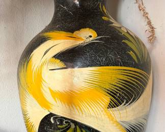 Vintage Tonalá Mexican Folk Art Pottery Vase with Yellow Bird and Floral Motifs