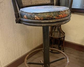 Vintage Rattan Swivel Bar Stool with Floral Upholstery