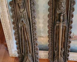 Vintage Hand Carved Wood King and Queen Wall Plaques