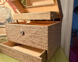 Vintage Faux Alligator Jewelry Box with Mirror and Drawer