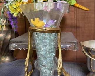 Vintage Ornate Brass Grape Leaf Stand with Crackle Glass Vase