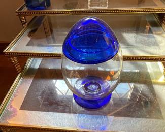 Vintage Cobalt Blue and Clear Glass Egg-Shaped Lidded Jar - Empoli Style