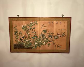 Vintage East Asian Four-Panel Folding Screen with Bird and Flower Motif