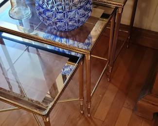 Vintage Italian Brass Faux Bamboo Nesting Tables with Glass Tops - Set of 3