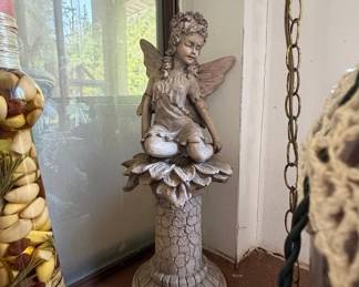 Vintage Cast Stone Fairy Garden Statue with Flower Pedestal