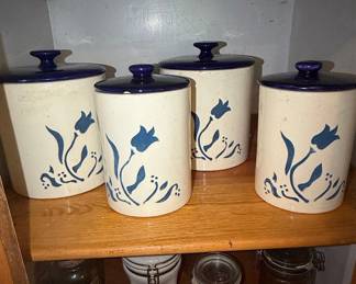 Vintage Stoneware Canisters with Blue Tulip Pattern