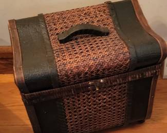 Vintage Woven Rattan and Faux Leather Storage Chest with Handle