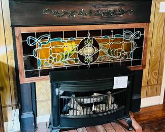MANTEL WITH GORGEOUS STAINED GLASS TRANSOM PANEL