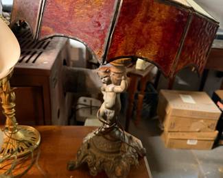 Stained glass shade cherub lamp