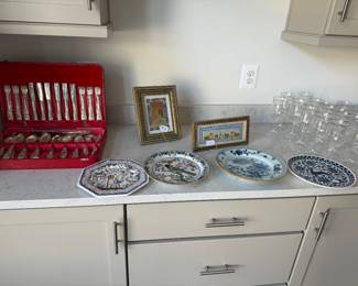 Quimper Cabinet Plates; Silverplate flatware set
