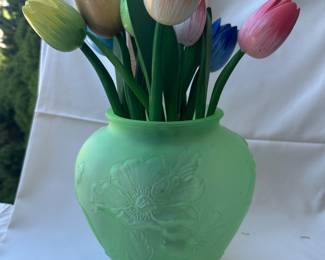 Frosted Matte Green Glass Tulip Vase 