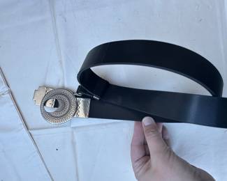 Brand Black Leather Belt with Silver Tone Medallion Buckle 