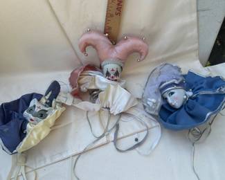 Three Piece Porcelain Harlequin Clown Doll Costume and Head Set 