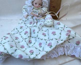 Porcelain Collector Doll in Floral Pattern Dress and Bonnet