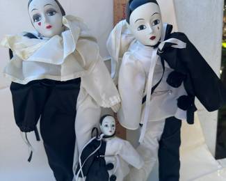 Three Piece Porcelain Harlequin Mime Clown Doll Set 