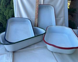White Enamelware Nesting Roasting Pans with Blue & Red Rims