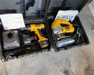 older Dewalt scroll saw and drill. Saw is AC, drill is battery
