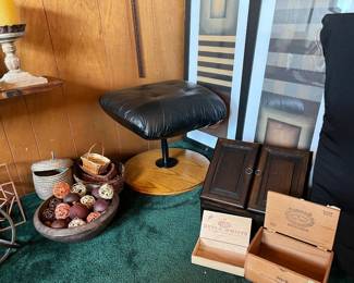 MCM stool, Cigar boxes, decor