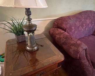Purple sofa, end table and lamp