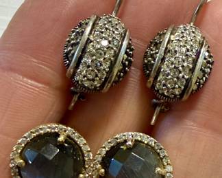 Sterling Silver Halo Earrings with Grey Cat's Eye Stone and CZ, Sterling and Marcasite Earrings