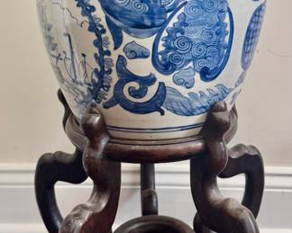 Blue & White Planter on Rosewood Stand
