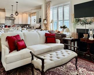 Upholstered Sofa & Ivory Bench with Nailhead Trim