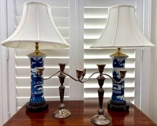 Mottahedeh Blue Canton Trumpet Lamps & Gorham Sterling Candlesticks
