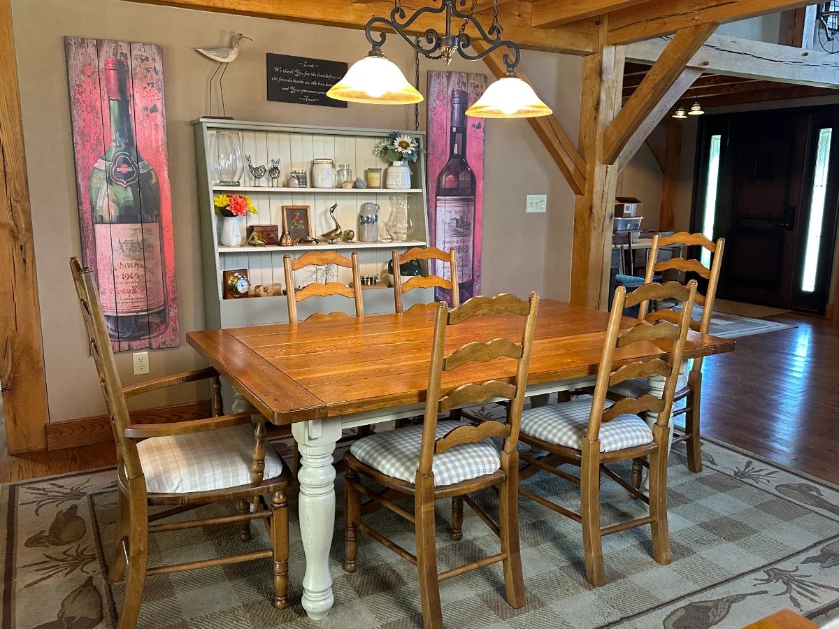 Dining table with 6 chairs. Two leaves can be added. Hand made narrow display cabinet.