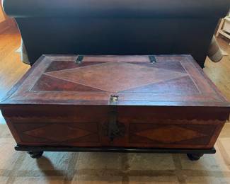 Vintage Peruvian lether covered large low profile chest.