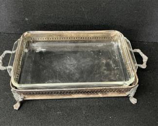 Silver toned Serving Tray with Glass Baking Dish