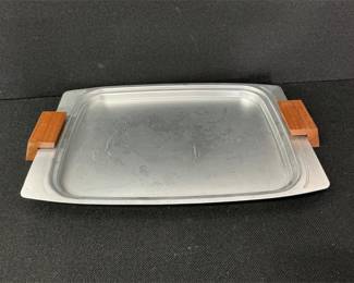 silver toned tray with wood handles