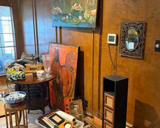 Paintings, frames, side tables