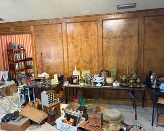 Home decor, records, books, shelves, home organization, brass items, vases