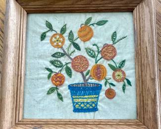 FRAMED HAND EMBROIDERY ORANGE FRUIT TREE