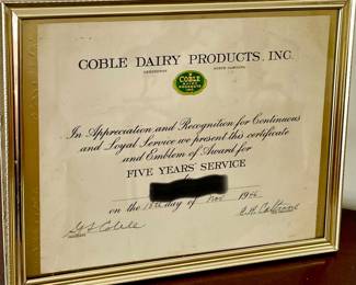 1946 COBLE DAIRY FIVE YEARS SERVICE CERTIFICATE