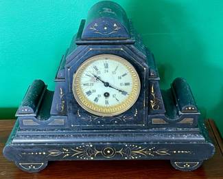ANTIQUE FRENCH, BLACK MARBLE, 8-DAY MANTLE CLOCK - NO CHIMES