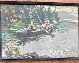 FRAMED VINTAGE PAIN-BY-NUMBER "FISHERMAN'S LUCK" or "STRIKE"