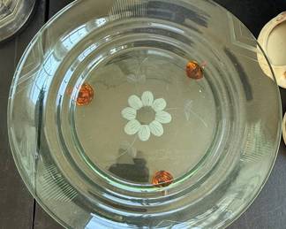 Green Depression Glass Plate with Applied Amber Prunts and Etched Floral Motif