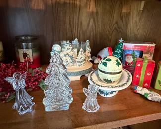 Collection of Christmas Decorative Tabletop Items including Ceramic Tree Lamp and Figurines