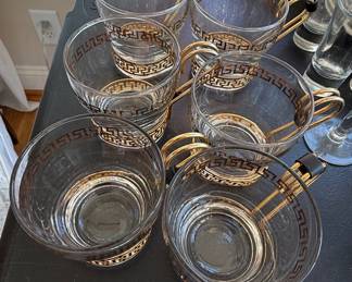 Vintage Libbey Gold Greek Key Continental Coffee Cups with Metal Holders
