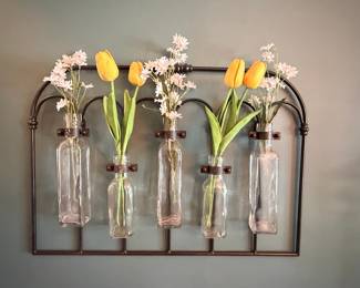 Wall-Mounted Metal Frame with Five Glass Bud Vases