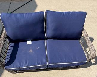 Wicker Patio Loveseat with Navy Blue Cushions
